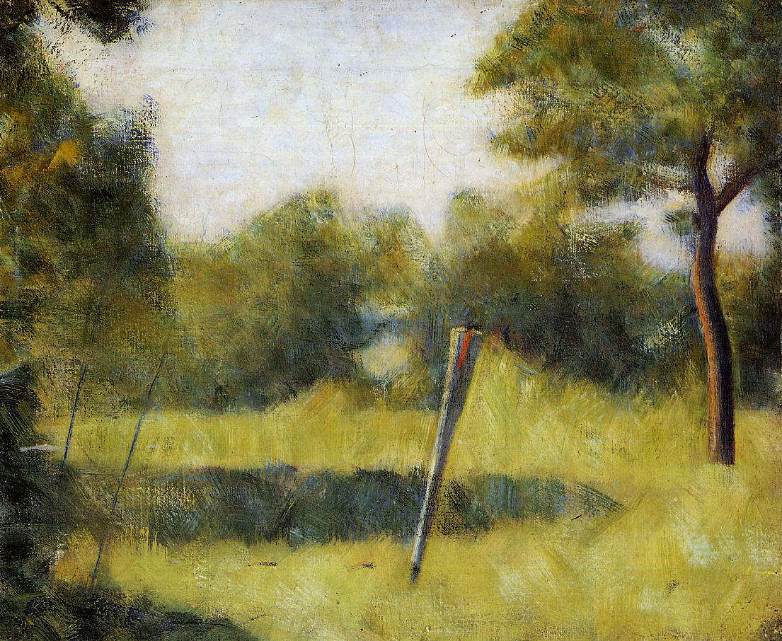 Georges Seurat, Paysage au piquet — sommerliche Wiese mit einzelnem Holzpflock, Bäumen und hellem Himmel