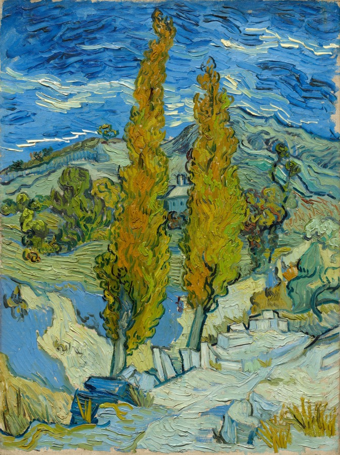 Vincent van Gogh, Two Poplars in the Alpilles near Saint-Rémy — zwei goldene Pappeln vor blauem, bewegtem Himmel und grünen Hügeln